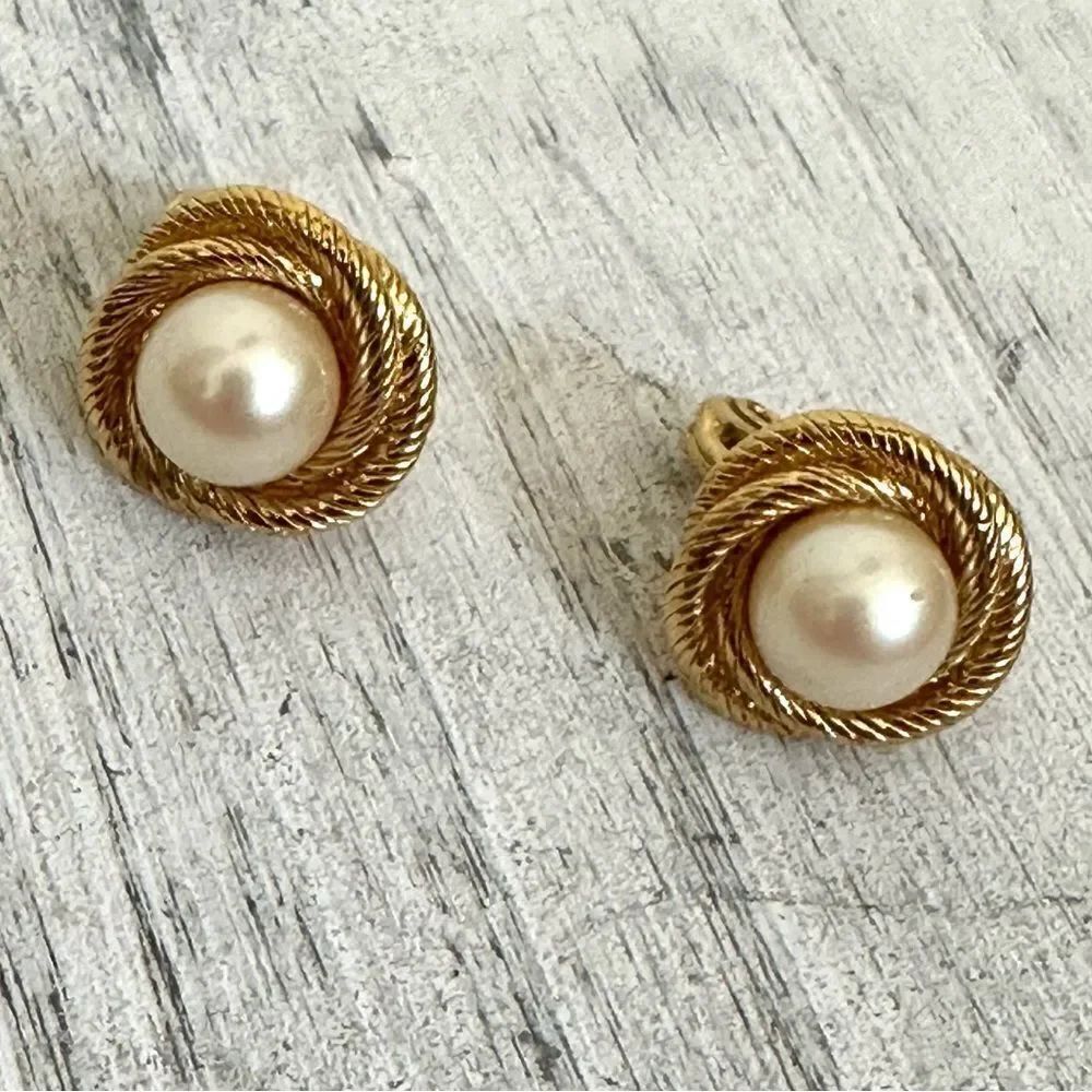 Monet faux pearl gold tone clip on earrings